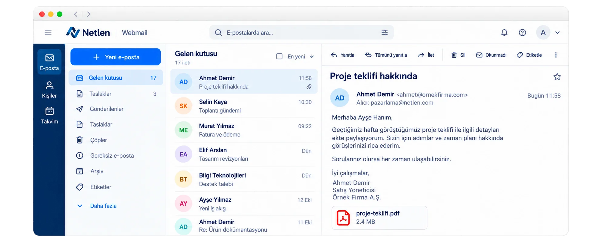 Netlen Webmail gelen kutusu arayüzü