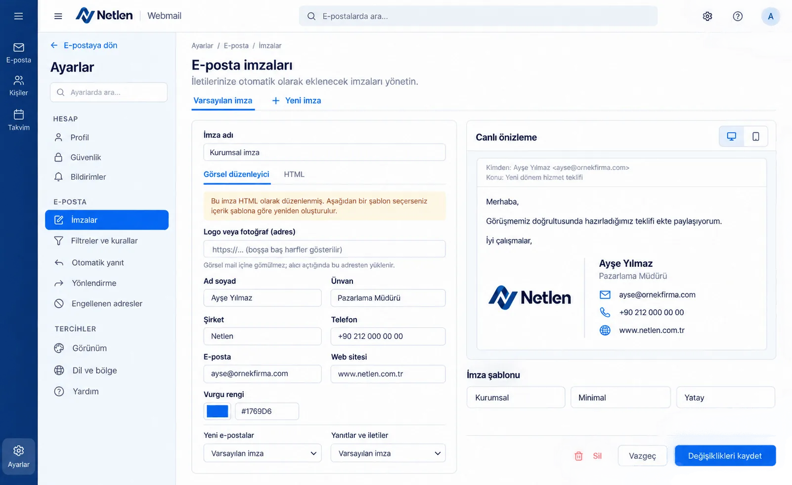 Netlen Webmail kurumsal e-posta imza düzenleyici